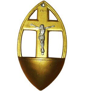 Catholic Brass Wall Holy Water Font Stoup Vintage INRI Cross Crucifix Religious